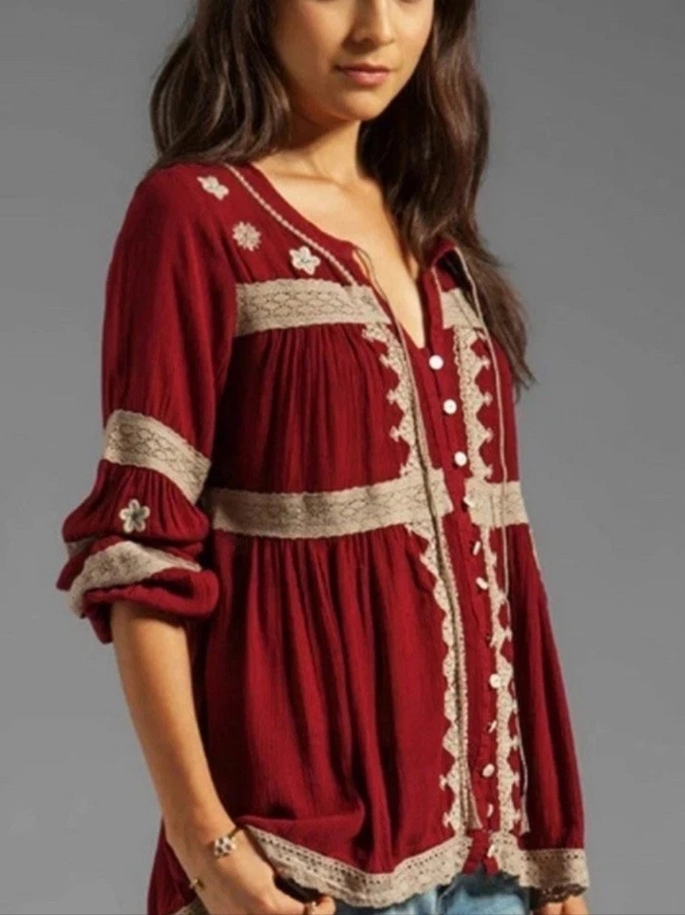 💥 FREE PEOPLE Iris Cranberry Boho Peasant Top Woman's Blouse